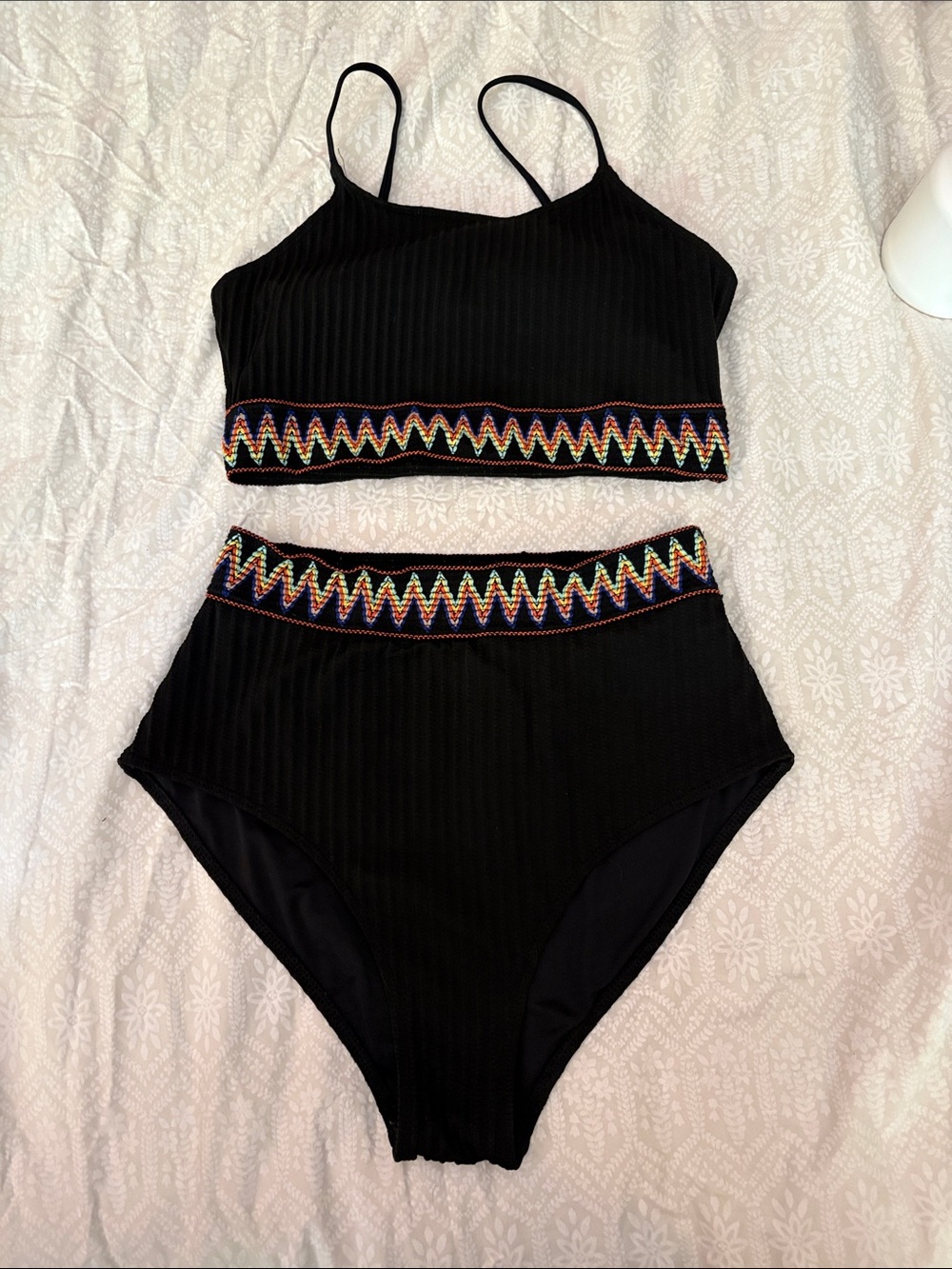 Black Two-Piece Bikini with Rainbow Zigzag Trim